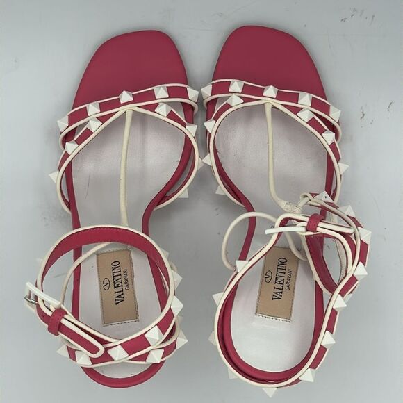 VALENTINO Free Rockstud Pink/White Leather Sandal EU 37.5/ US 7.5 - Picture 6 of 13